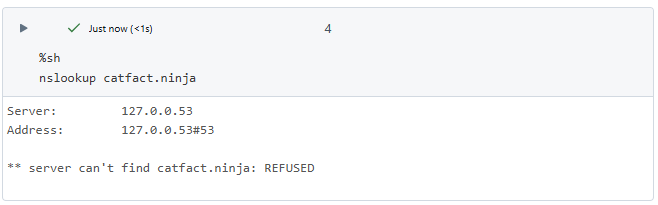 nslookup against catfacts.ninja